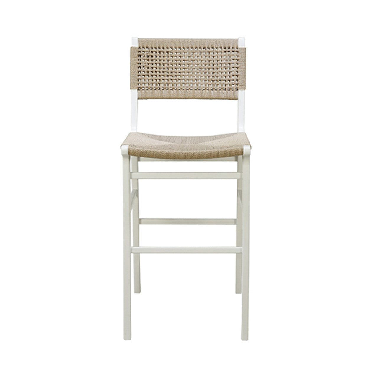 Tabouret de bar de ferme en chêne cérusé et jonc avec dossier tressé pour cuisine et salle à manger