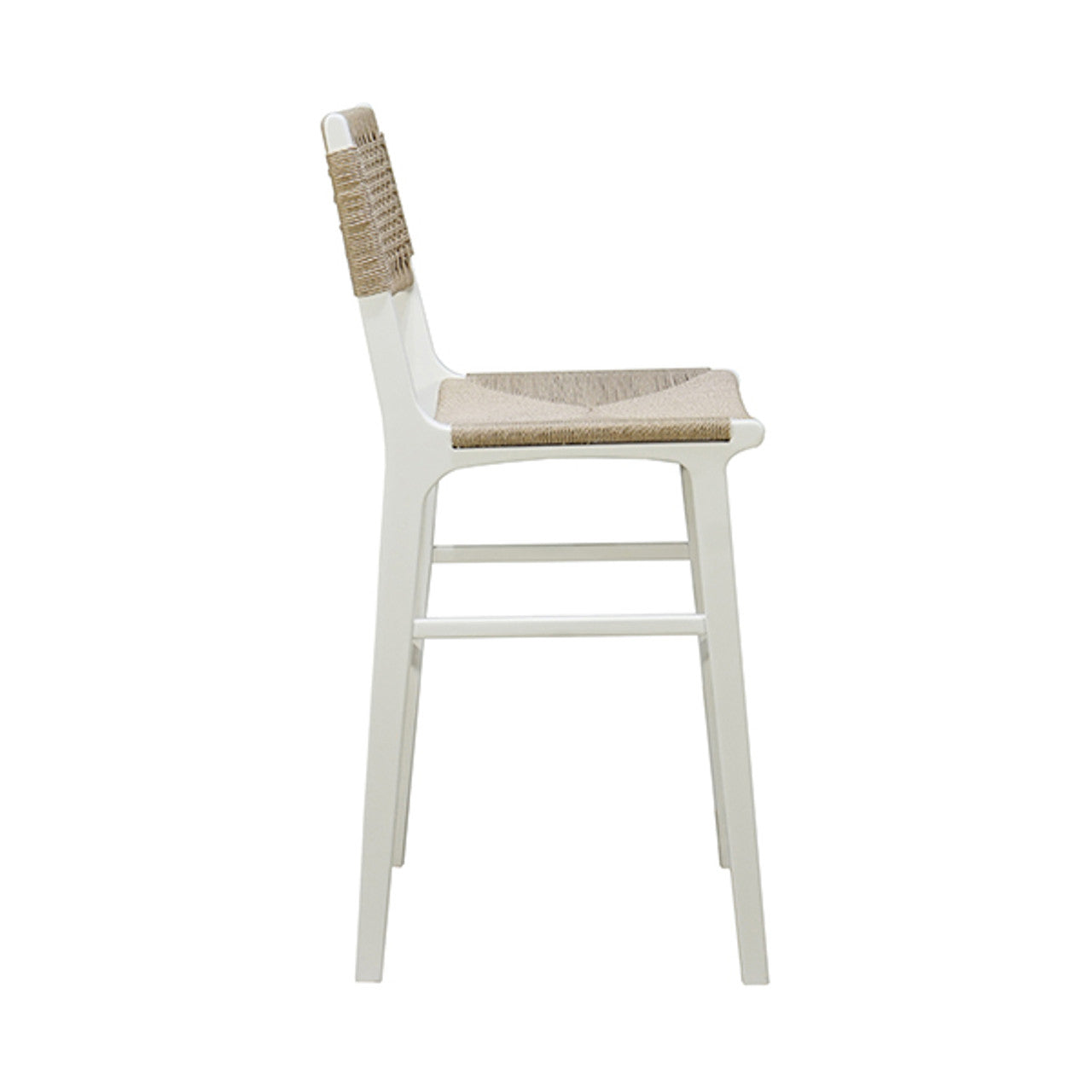 Tabouret de bar de ferme en chêne cérusé et jonc avec dossier tressé pour cuisine et salle à manger