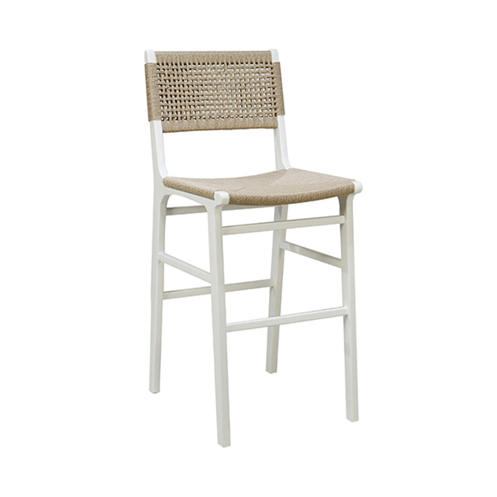 Tabouret de bar de ferme en chêne cérusé et jonc avec dossier tressé pour cuisine et salle à manger