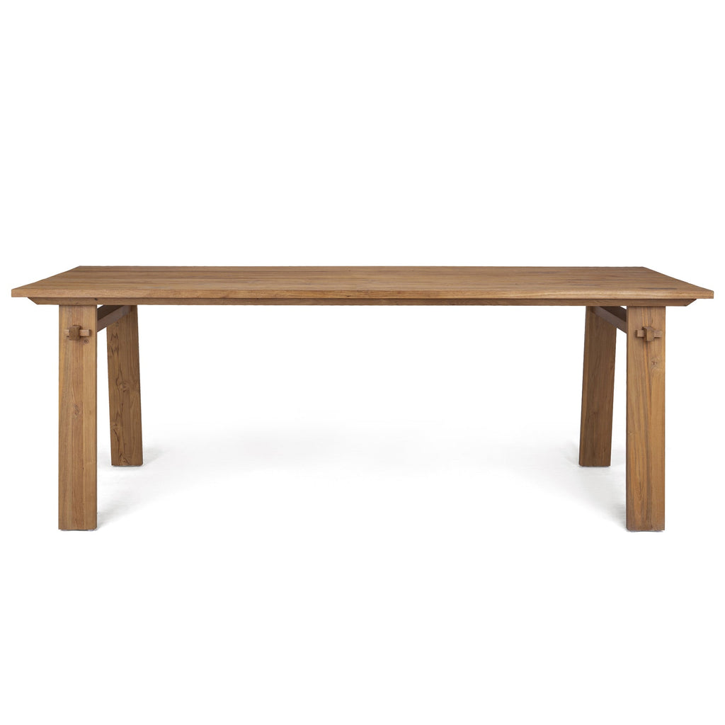 Table à manger rectangulaire en teck recyclé rustique avec détails de menuiserie javanaise pour salle à manger