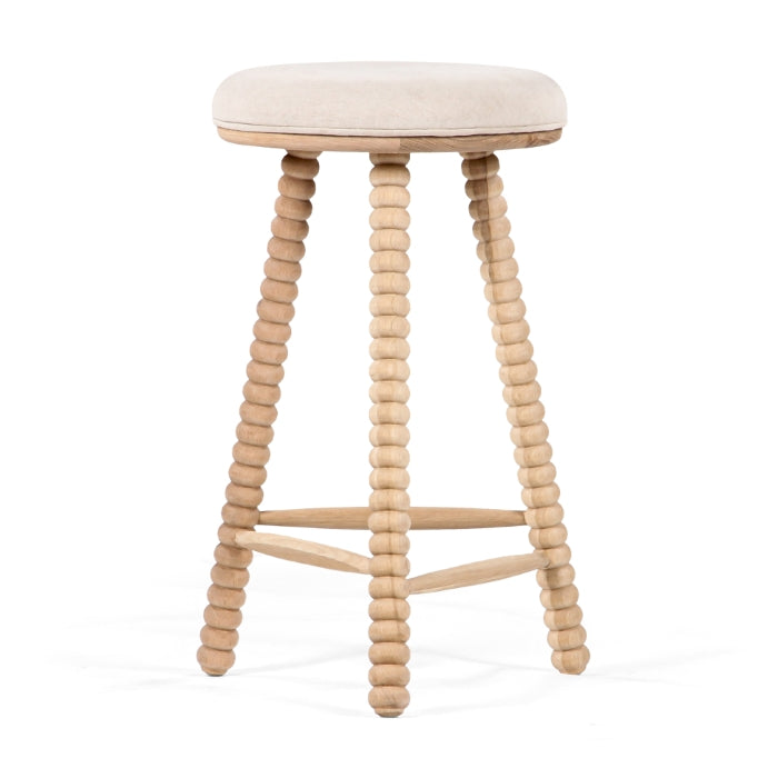 Tabouret de comptoir de style cottage en chêne massif et tissu avec assise rembourrée pour cuisine et salle à manger