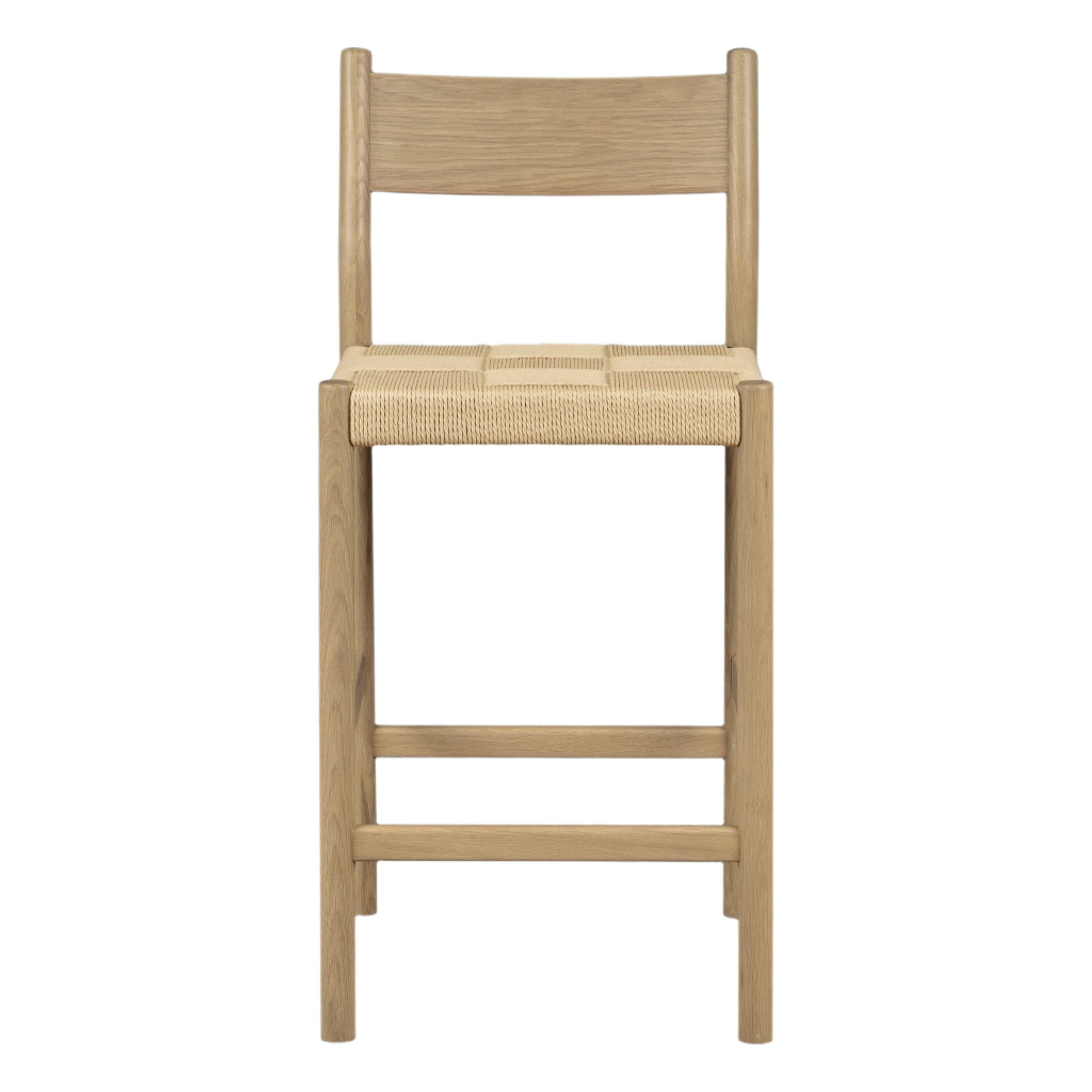 Tabouret de comptoir mi-siècle en chêne massif et corde danoise avec assise tressée pour cuisine et salle à manger