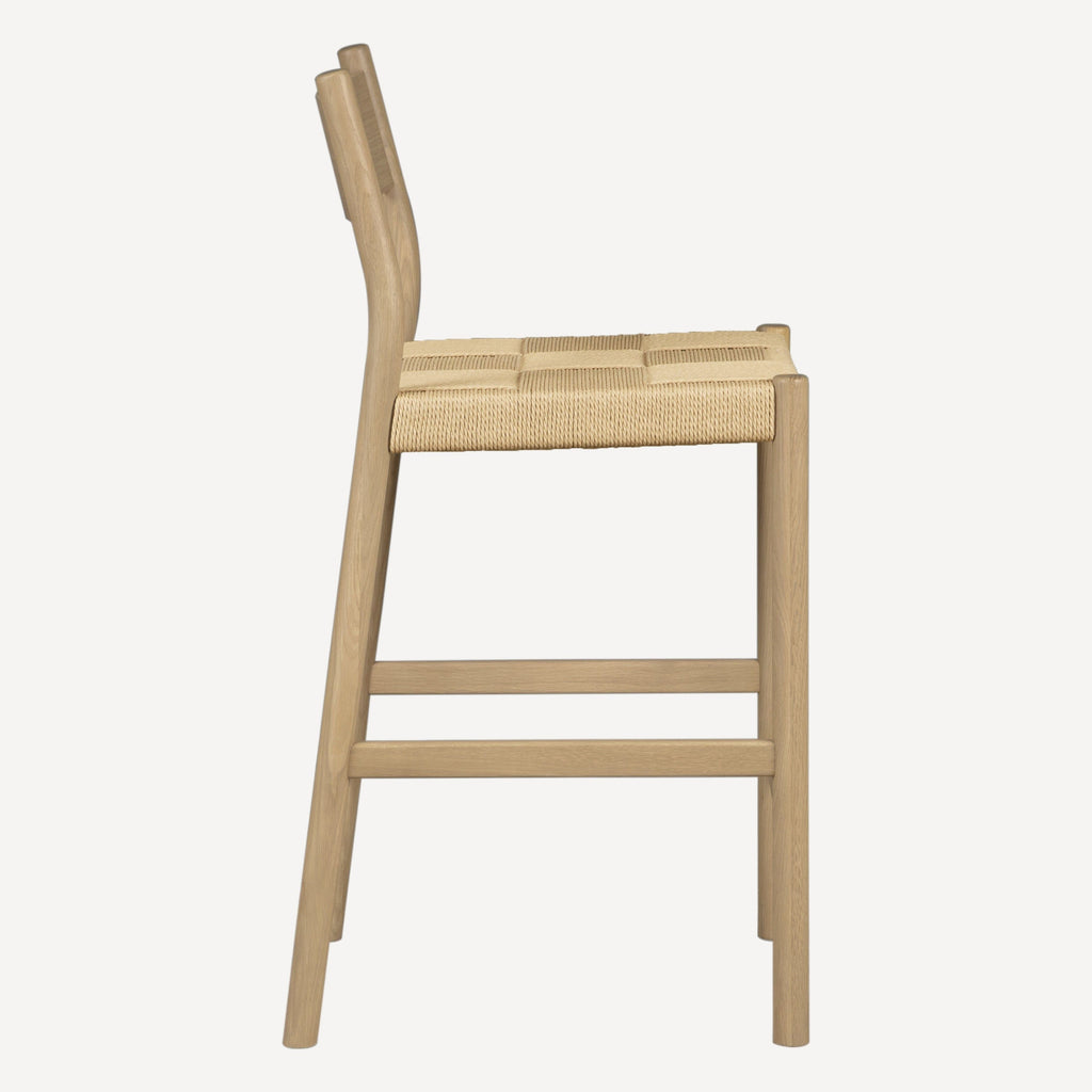Tabouret de comptoir mi-siècle en chêne massif et corde danoise avec assise tressée pour cuisine et salle à manger