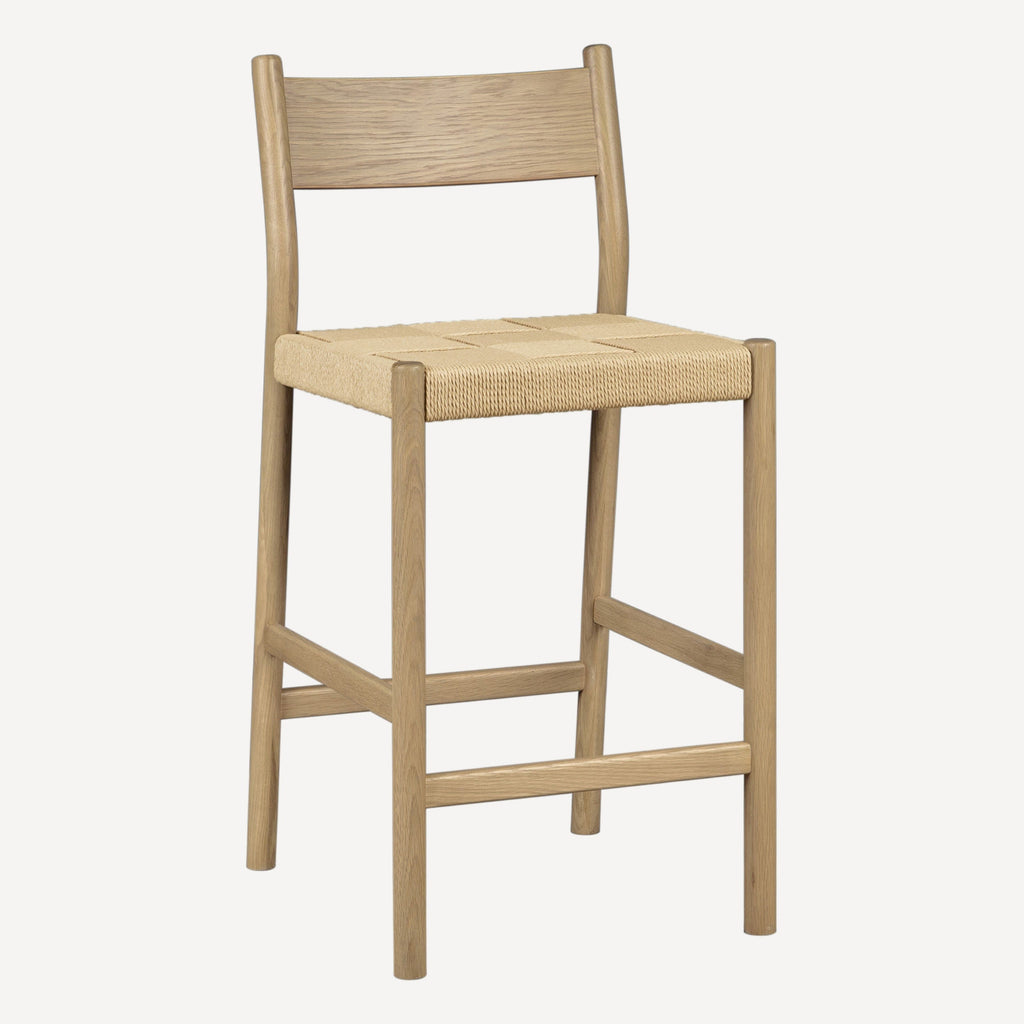 Tabouret de comptoir mi-siècle en chêne massif et corde danoise avec assise tressée pour cuisine et salle à manger
