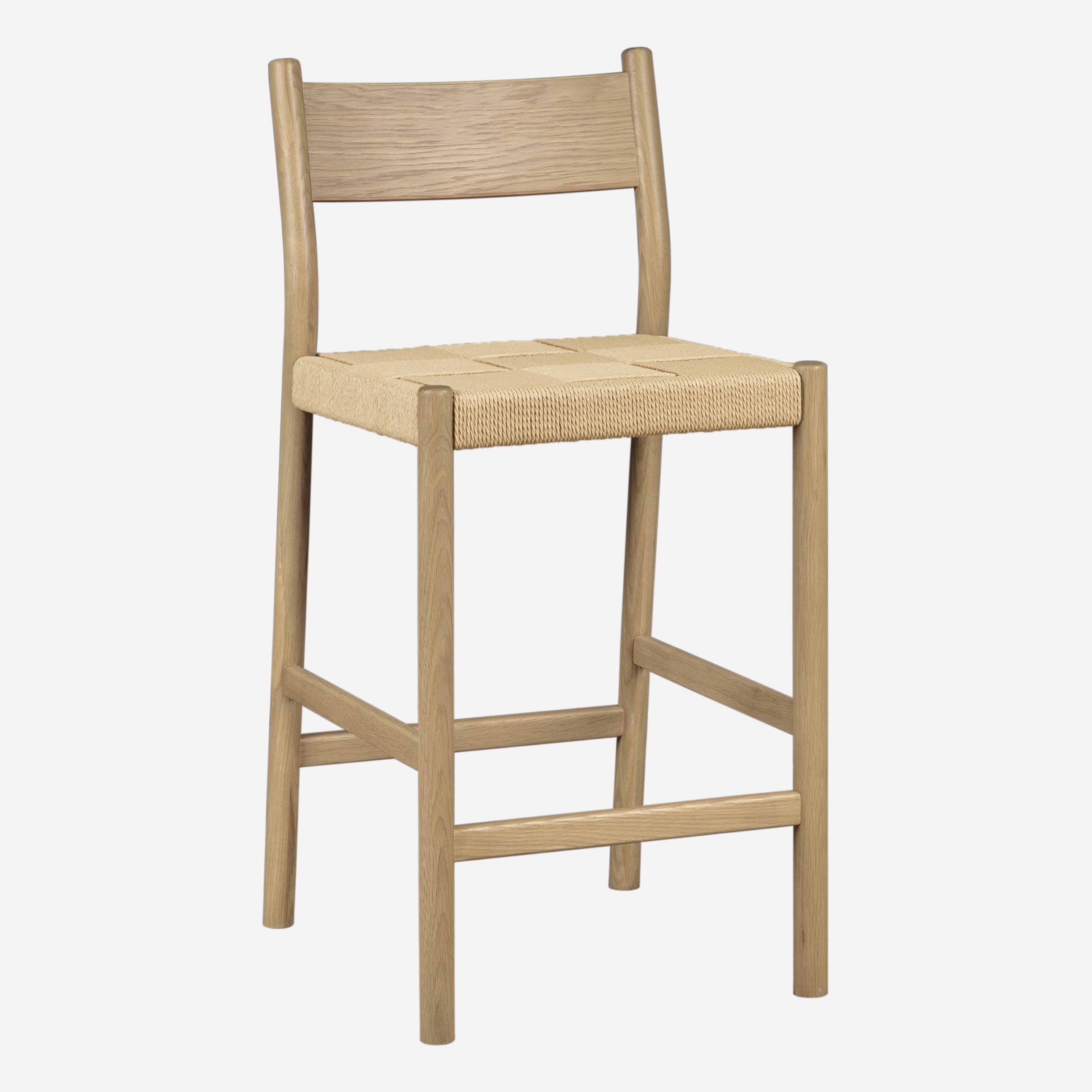 Tabouret de comptoir mi-siècle en chêne massif et corde danoise avec assise tressée pour cuisine et salle à manger
