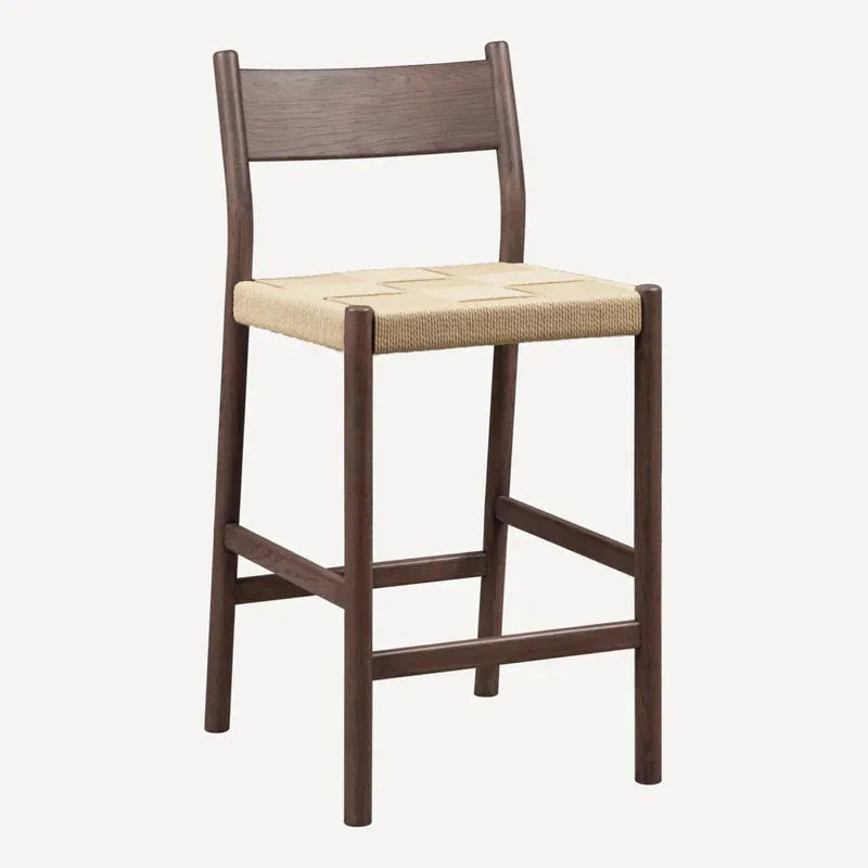 Tabouret de comptoir mi-siècle en chêne massif et corde danoise avec assise tressée pour cuisine et salle à manger