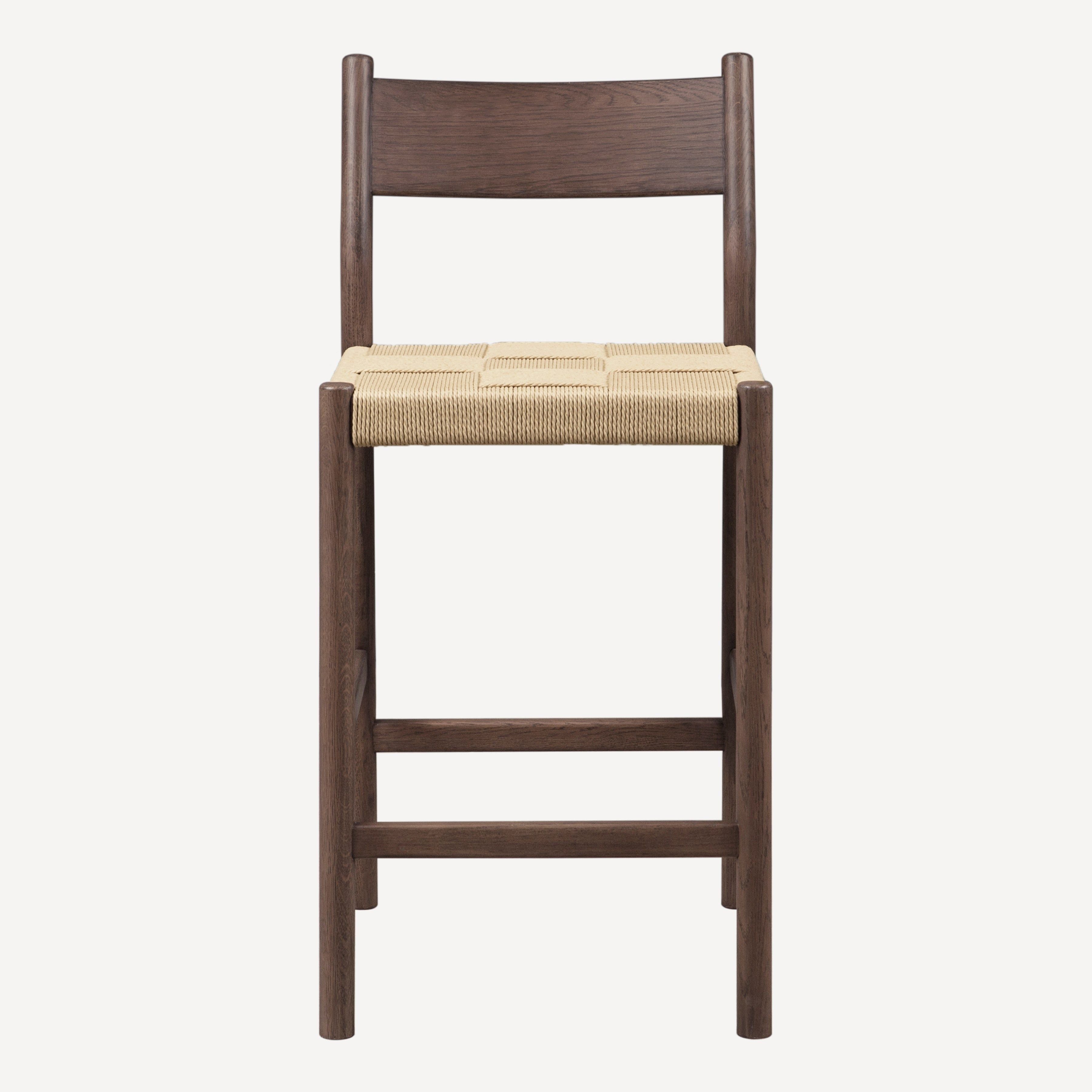 Tabouret de comptoir mi-siècle en chêne massif et corde danoise avec assise tressée pour cuisine et salle à manger