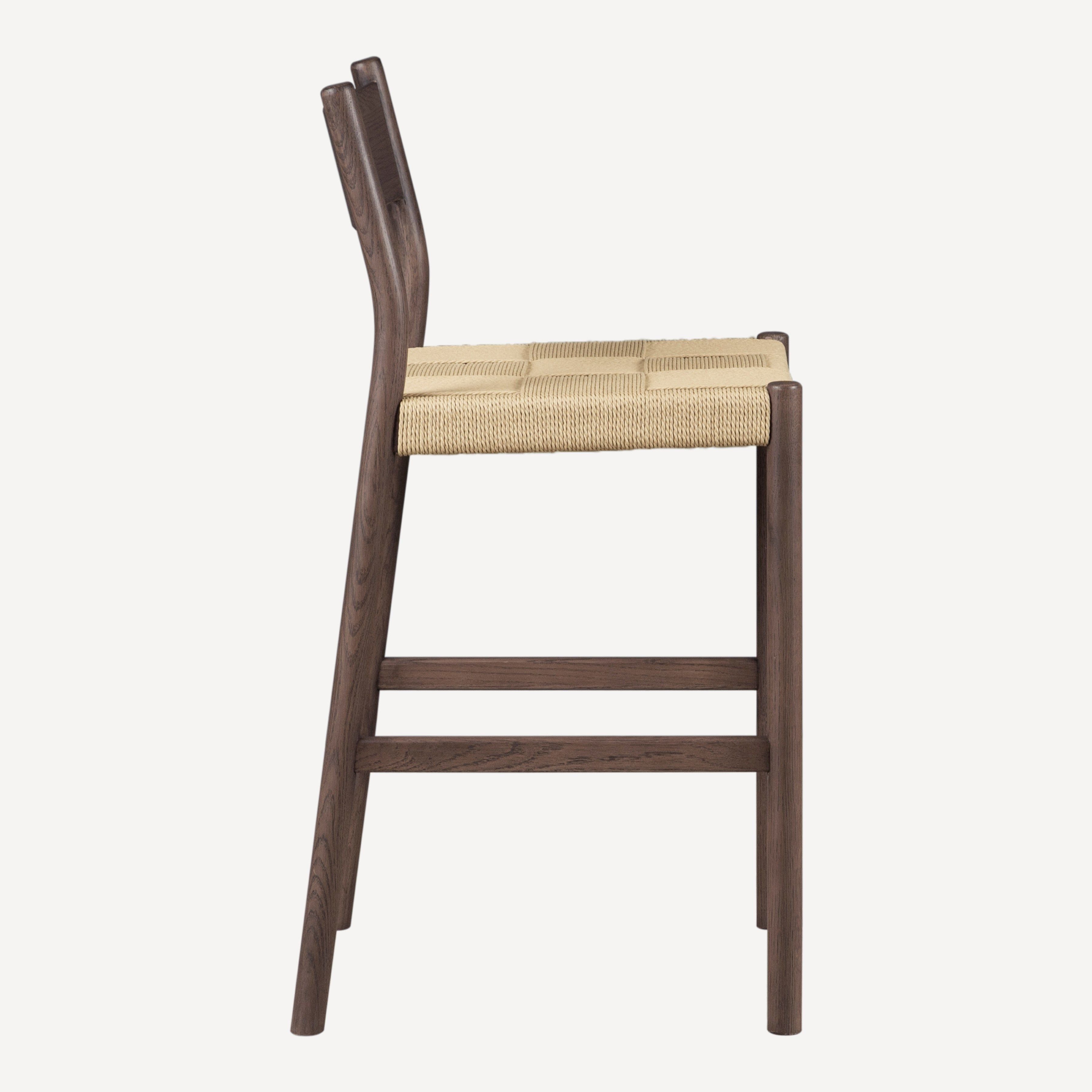 Tabouret de comptoir mi-siècle en chêne massif et corde danoise avec assise tressée pour cuisine et salle à manger