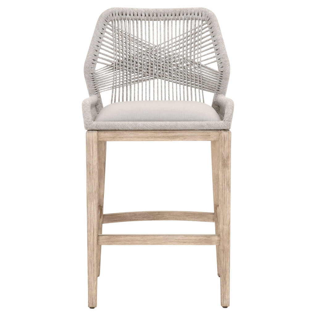 Tabouret de bar en acajou côtier et corde plate avec double structure en aluminium et assise rembourrée pour cuisine et salle à manger