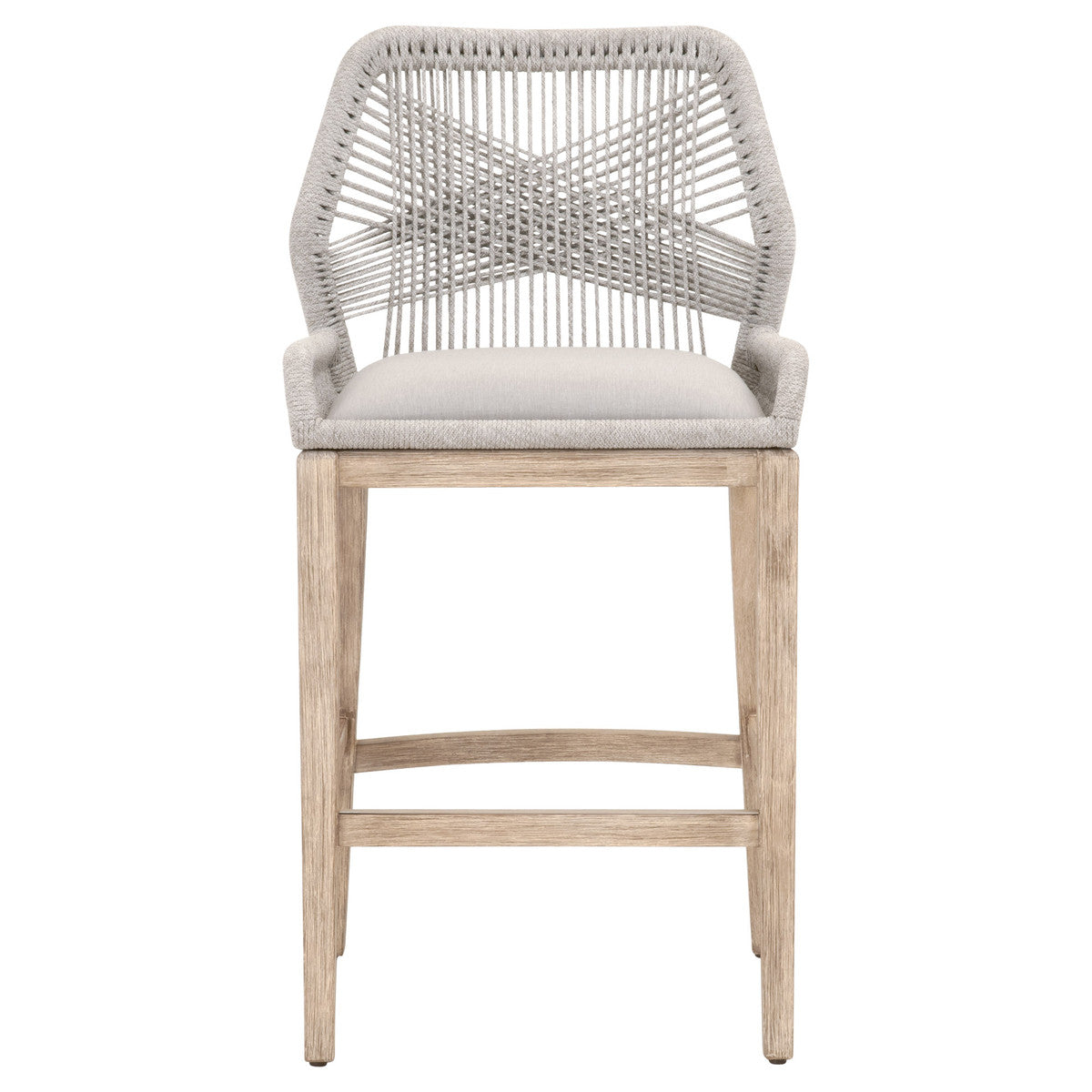 Tabouret de bar en acajou côtier et corde plate avec double structure en aluminium et assise rembourrée pour cuisine et salle à manger