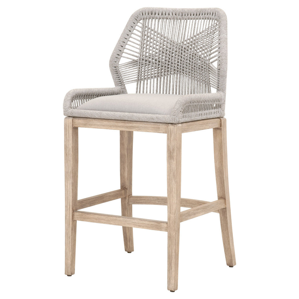 Tabouret de bar en acajou côtier et corde plate avec double structure en aluminium et assise rembourrée pour cuisine et salle à manger