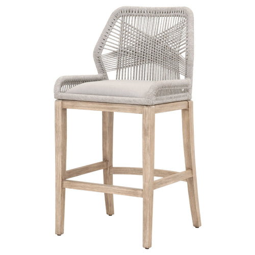 Tabouret de bar en acajou côtier et corde plate avec double structure en aluminium et assise rembourrée pour cuisine et salle à manger