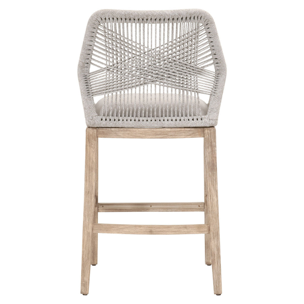 Tabouret de bar en acajou côtier et corde plate avec double structure en aluminium et assise rembourrée pour cuisine et salle à manger
