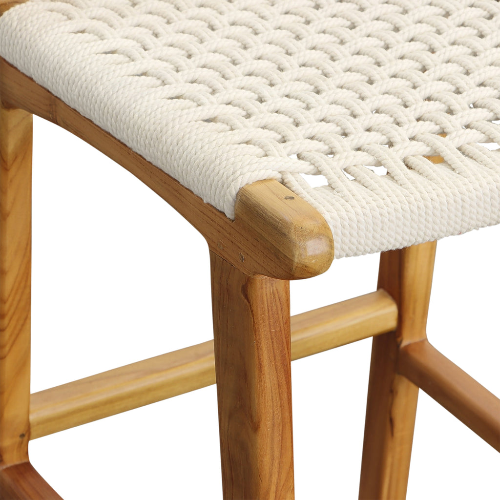 Tabouret de comptoir en teck naturel et corde de coton avec assise tressée pour cuisine et salle à manger