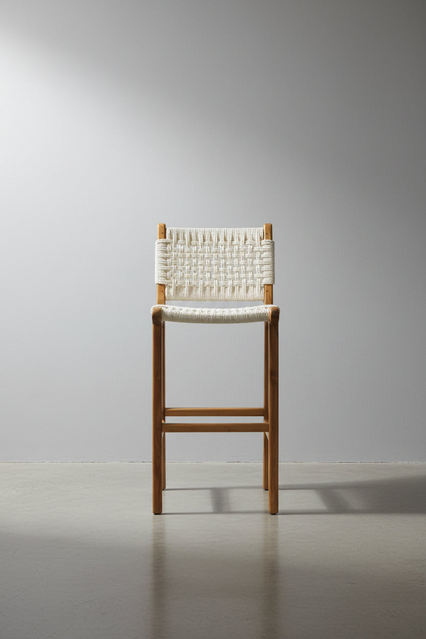Tabouret de comptoir en teck naturel et corde de coton avec assise tressée pour cuisine et salle à manger