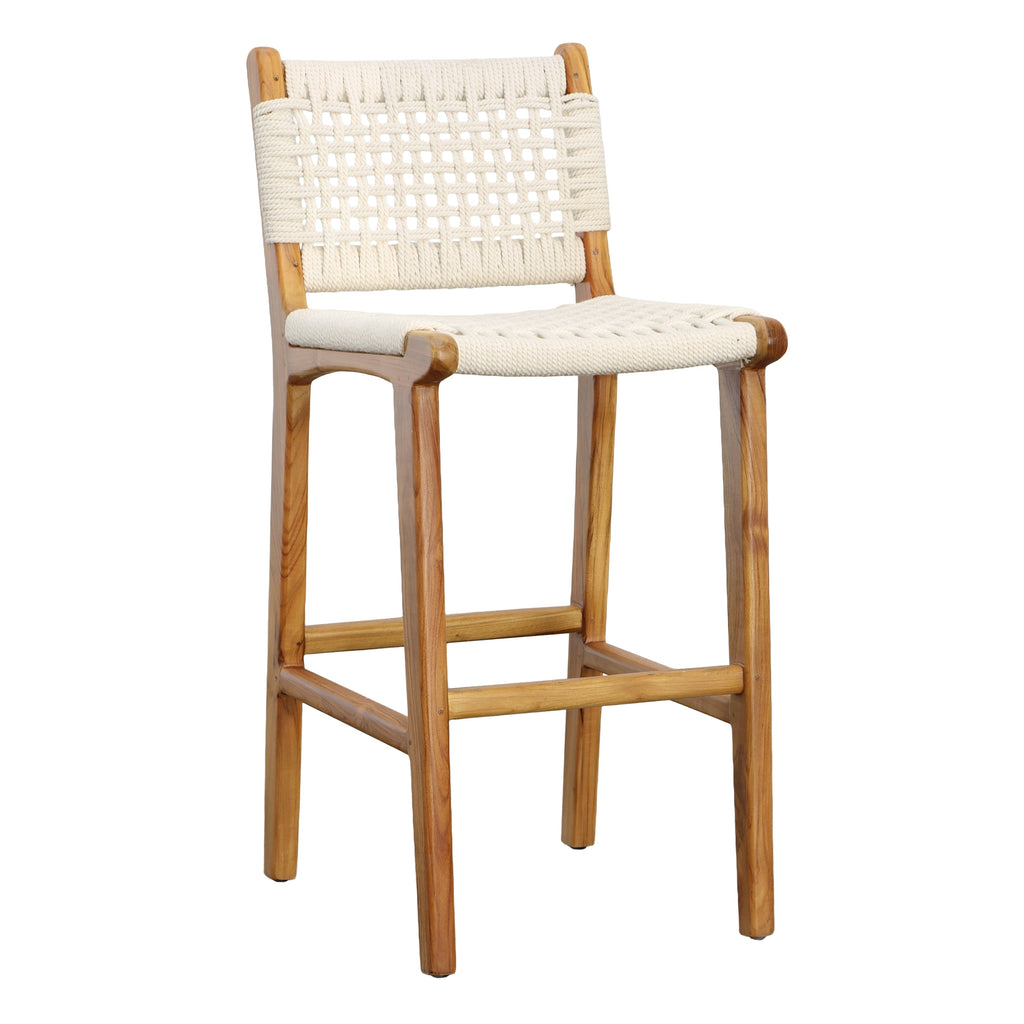 Tabouret de comptoir en teck naturel et corde de coton avec assise tressée pour cuisine et salle à manger