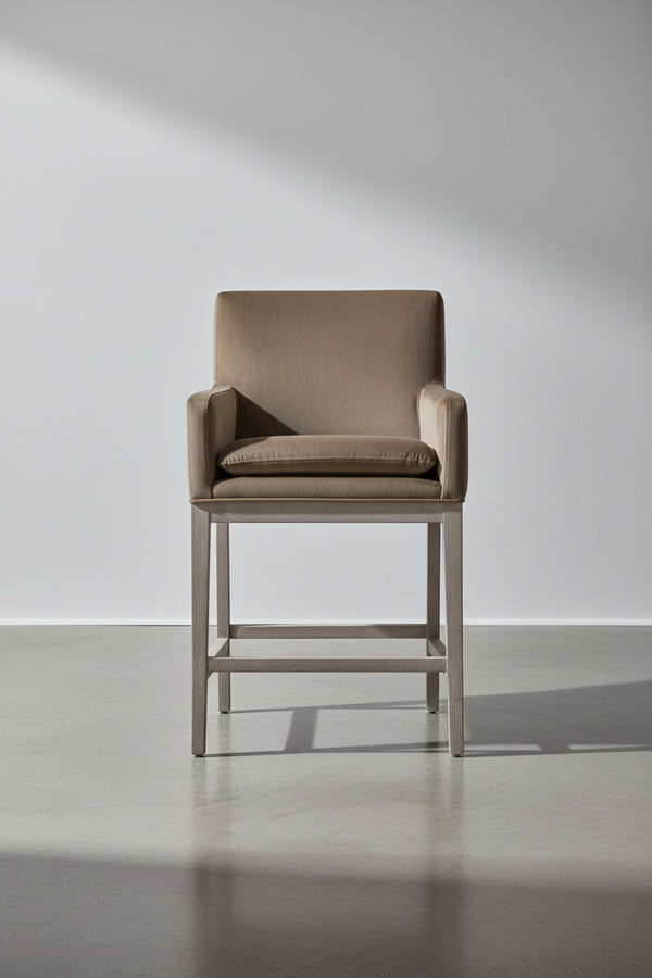 Tabouret de comptoir de transition en velours et chêne avec assise ronde rembourrée pour cuisine et salle à manger