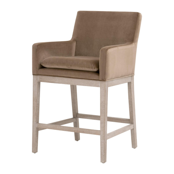 Tabouret de comptoir de transition en velours et chêne avec assise ronde rembourrée pour cuisine et salle à manger