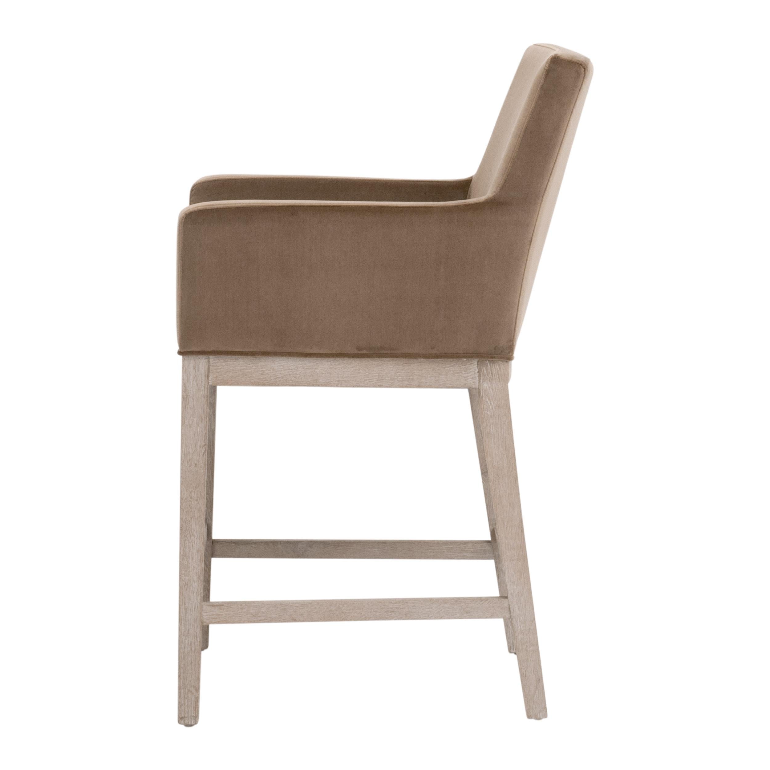 Tabouret de comptoir de transition en velours et chêne avec assise ronde rembourrée pour cuisine et salle à manger