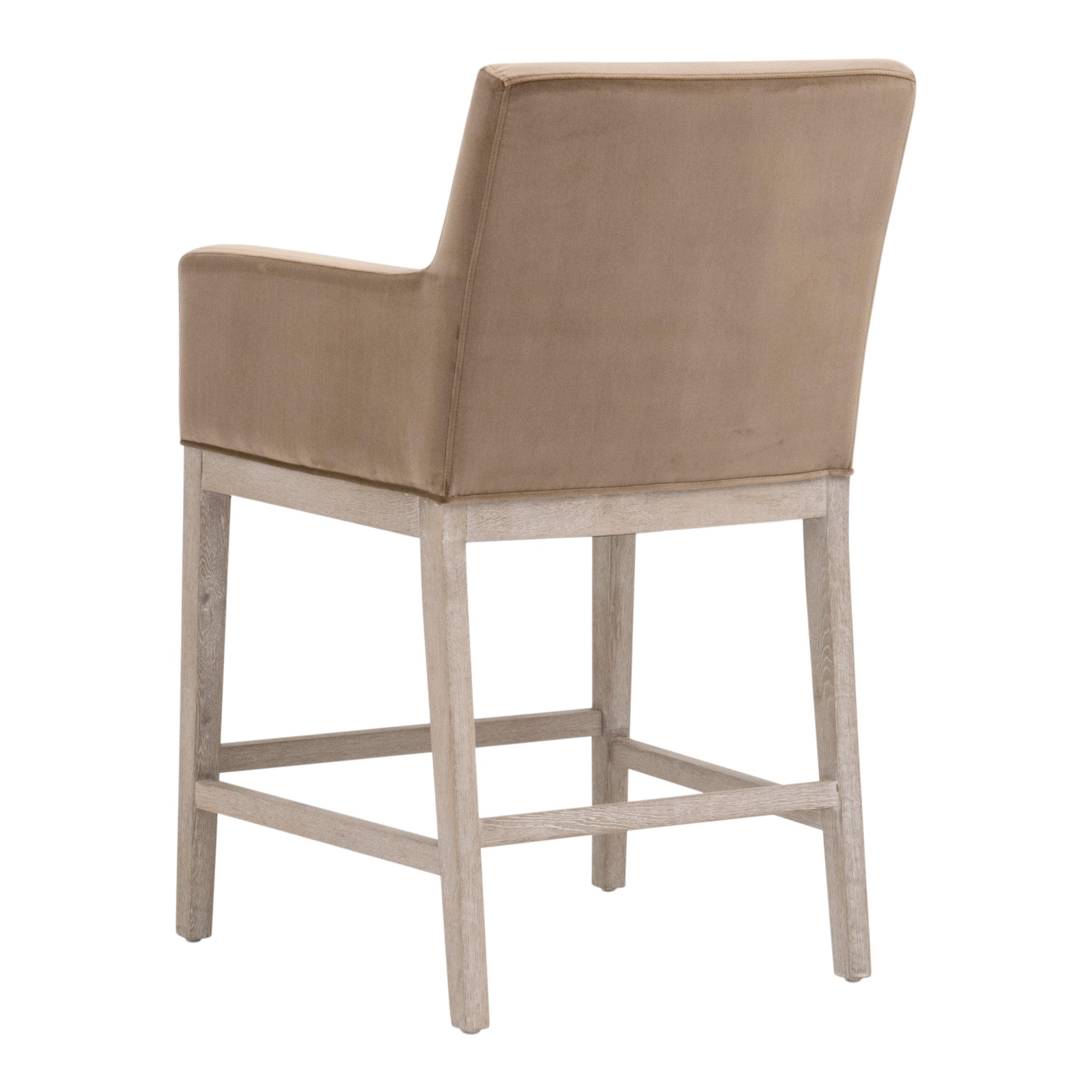 Tabouret de comptoir de transition en velours et chêne avec assise ronde rembourrée pour cuisine et salle à manger