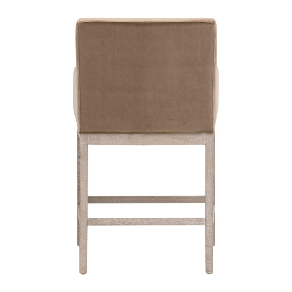 Tabouret de comptoir de transition en velours et chêne avec assise ronde rembourrée pour cuisine et salle à manger