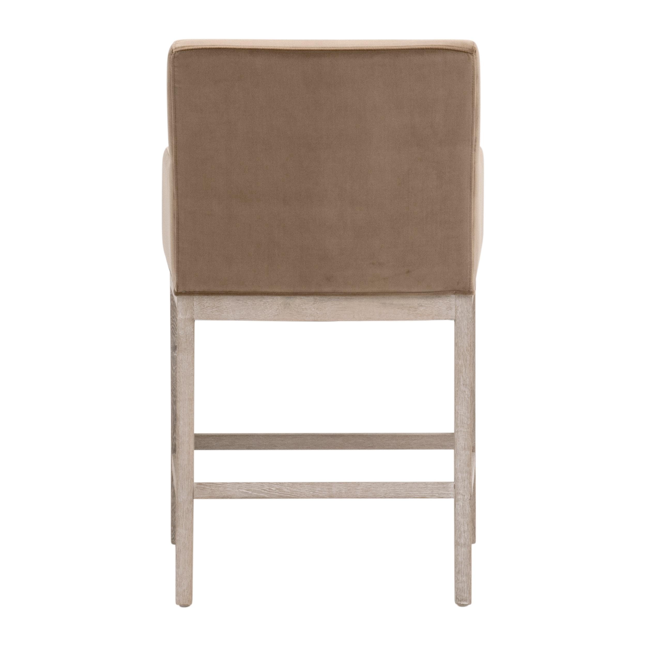 Tabouret de comptoir de transition en velours et chêne avec assise ronde rembourrée pour cuisine et salle à manger