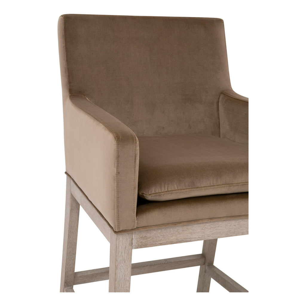 Tabouret de comptoir de transition en velours et chêne avec assise ronde rembourrée pour cuisine et salle à manger