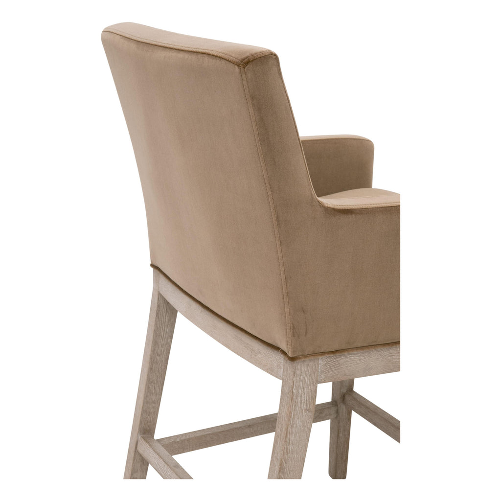 Tabouret de comptoir de transition en velours et chêne avec assise ronde rembourrée pour cuisine et salle à manger