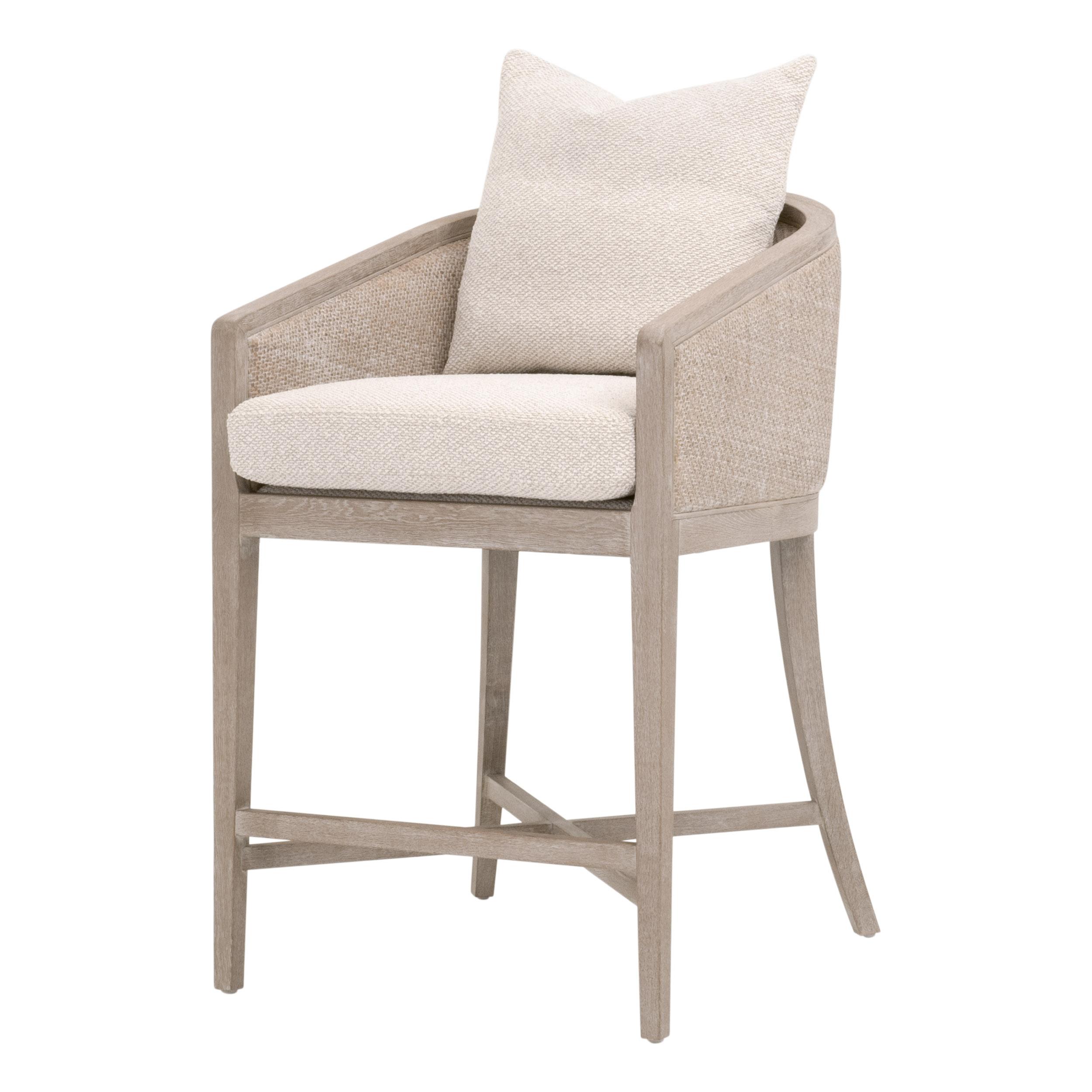 Tabouret de comptoir de transition en chêne et rotin avec entourage en cannage et coussin en duvet pour la cuisine et la salle à manger