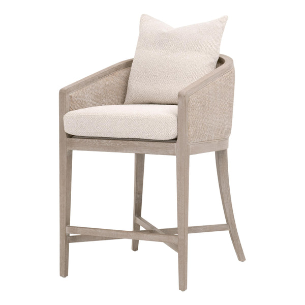 Tabouret de comptoir de transition en chêne et rotin avec entourage en cannage et coussin en duvet pour la cuisine et la salle à manger