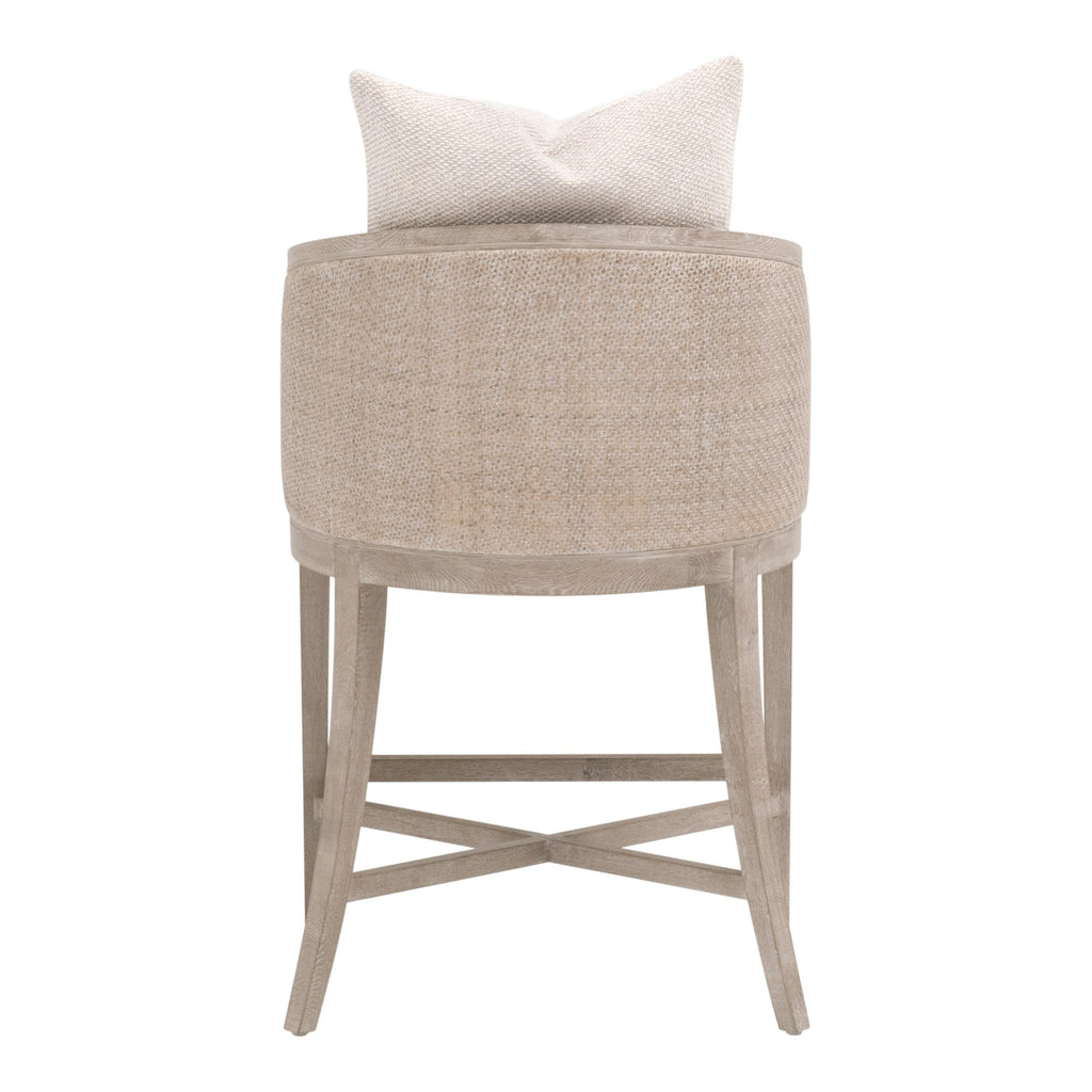 Tabouret de comptoir de transition en chêne et rotin avec entourage en cannage et coussin en duvet pour la cuisine et la salle à manger