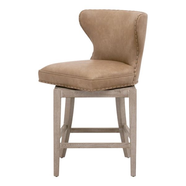 Tabouret de comptoir pivotant de transition en frêne et cuir végétalien avec détails cloutés pour cuisine et salle à manger