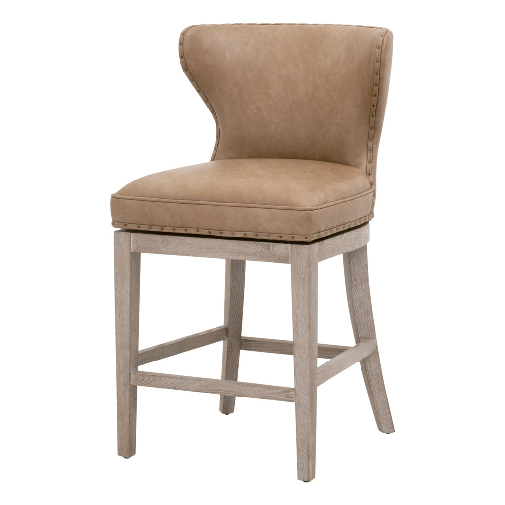 Tabouret de comptoir pivotant de transition en frêne et cuir végétalien avec détails cloutés pour cuisine et salle à manger