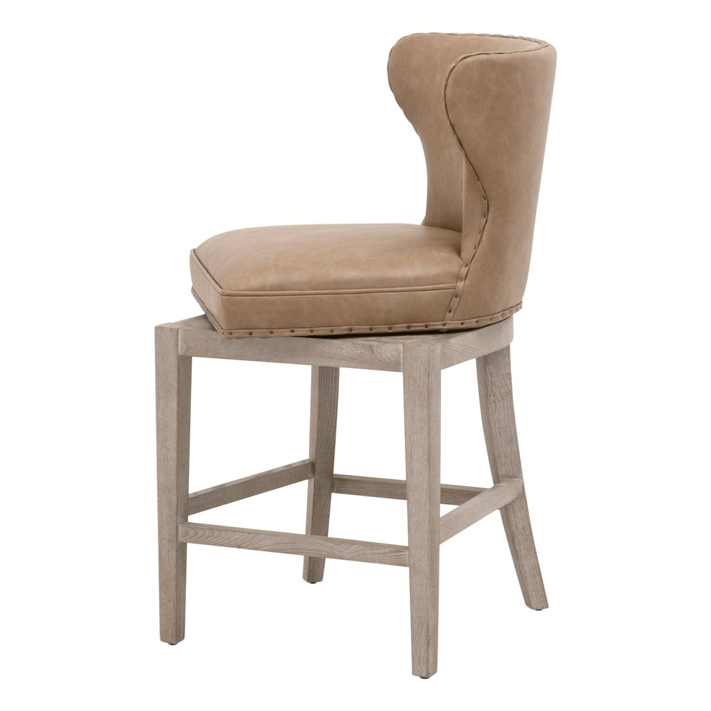 Tabouret de comptoir pivotant de transition en frêne et cuir végétalien avec détails cloutés pour cuisine et salle à manger