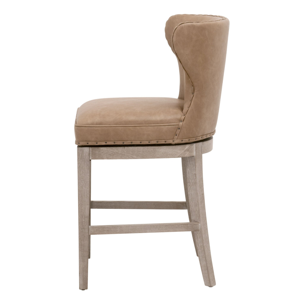Tabouret de comptoir pivotant de transition en frêne et cuir végétalien avec détails cloutés pour cuisine et salle à manger