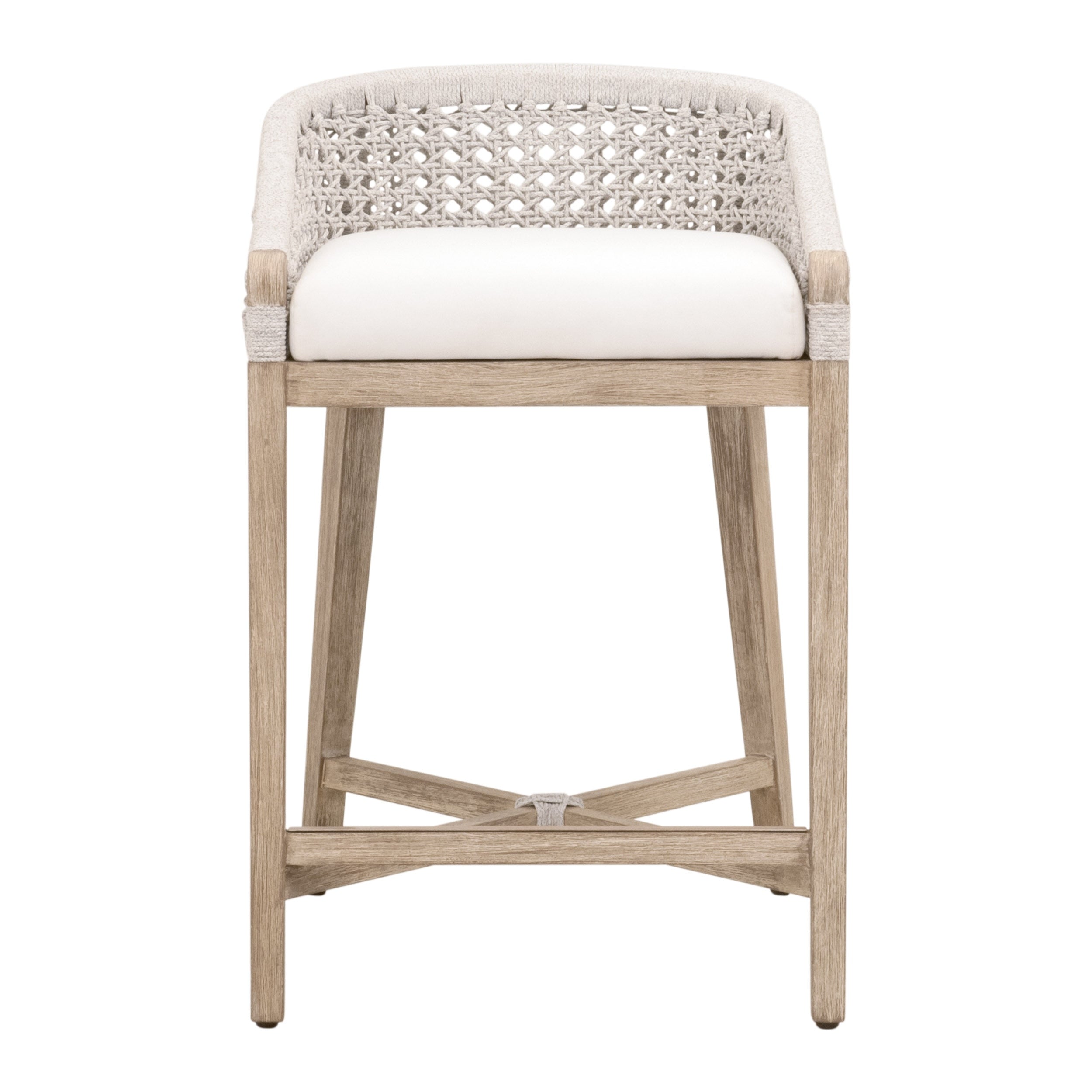 Tabouret de comptoir Coastal Mahogany & White Rope avec assise tissée et coussin de performance pour cuisine et et salle à manger