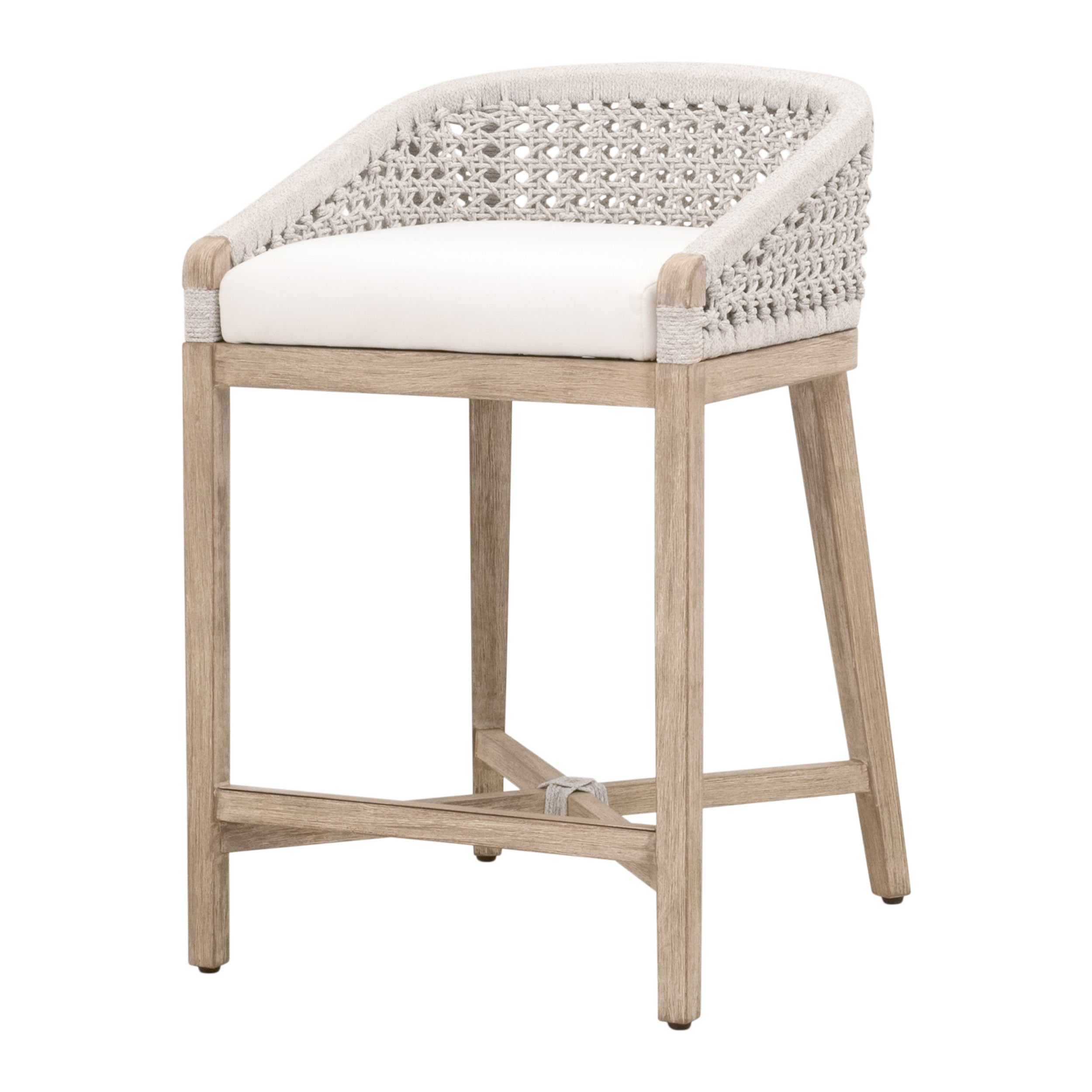 Tabouret de comptoir Coastal Mahogany & White Rope avec assise tissée et coussin de performance pour cuisine et et salle à manger