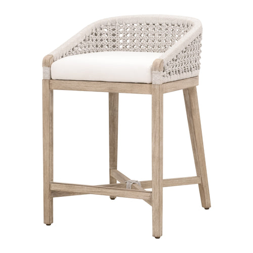 Tabouret de comptoir Coastal Mahogany & White Rope avec assise tissée et coussin de performance pour cuisine et et salle à manger