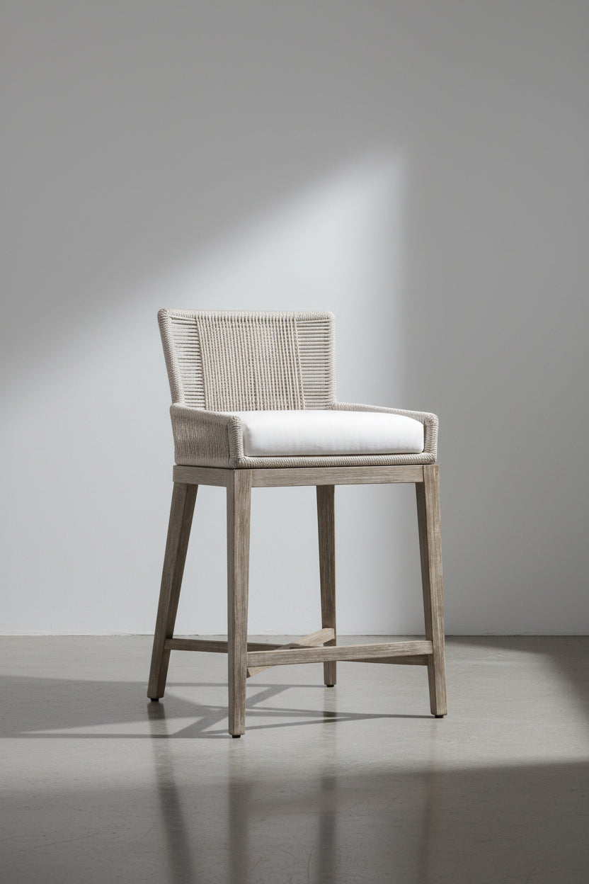 Tabouret de comptoir de transition en acajou et corde avec dossier tressé et coussin haute performance pour cuisine et salle à manger