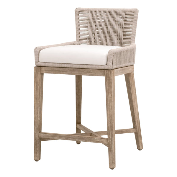 Tabouret de comptoir de transition en acajou et corde avec dossier tressé et coussin haute performance pour cuisine et salle à manger