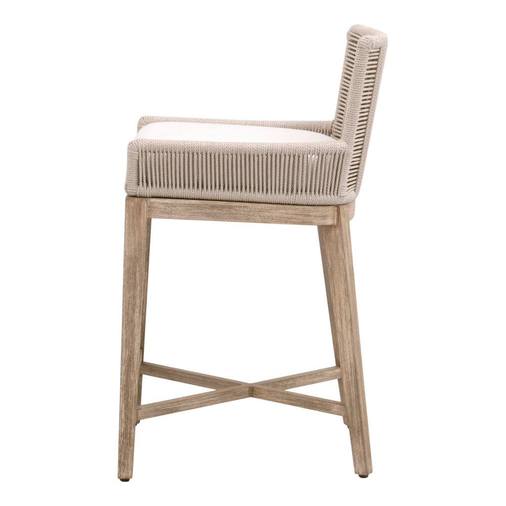 Tabouret de comptoir de transition en acajou et corde avec dossier tressé et coussin haute performance pour cuisine et salle à manger