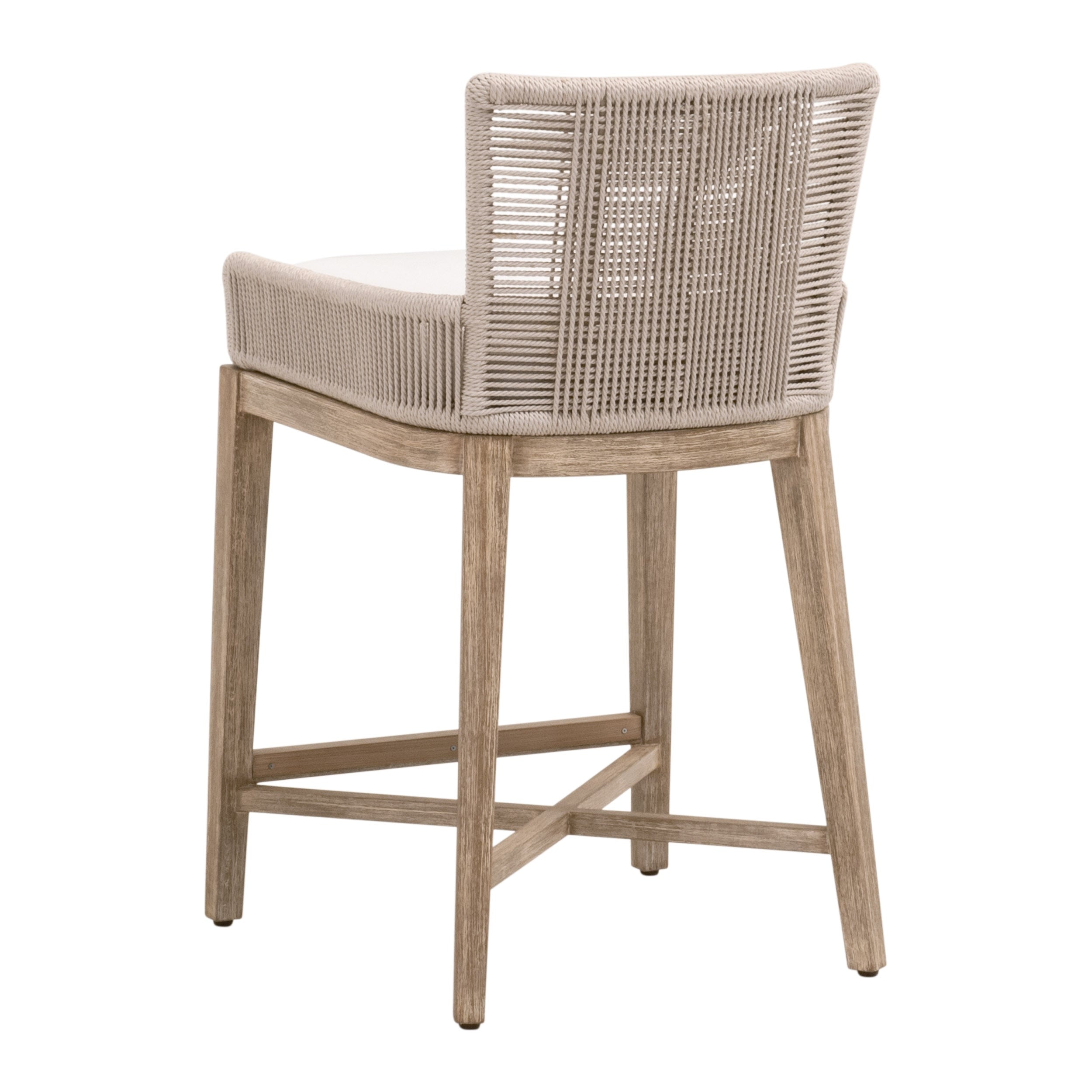 Tabouret de comptoir de transition en acajou et corde avec dossier tressé et coussin haute performance pour cuisine et salle à manger