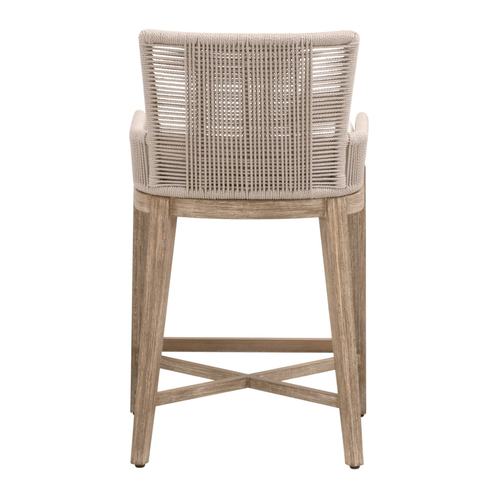 Tabouret de comptoir de transition en acajou et corde avec dossier tressé et coussin haute performance pour cuisine et salle à manger