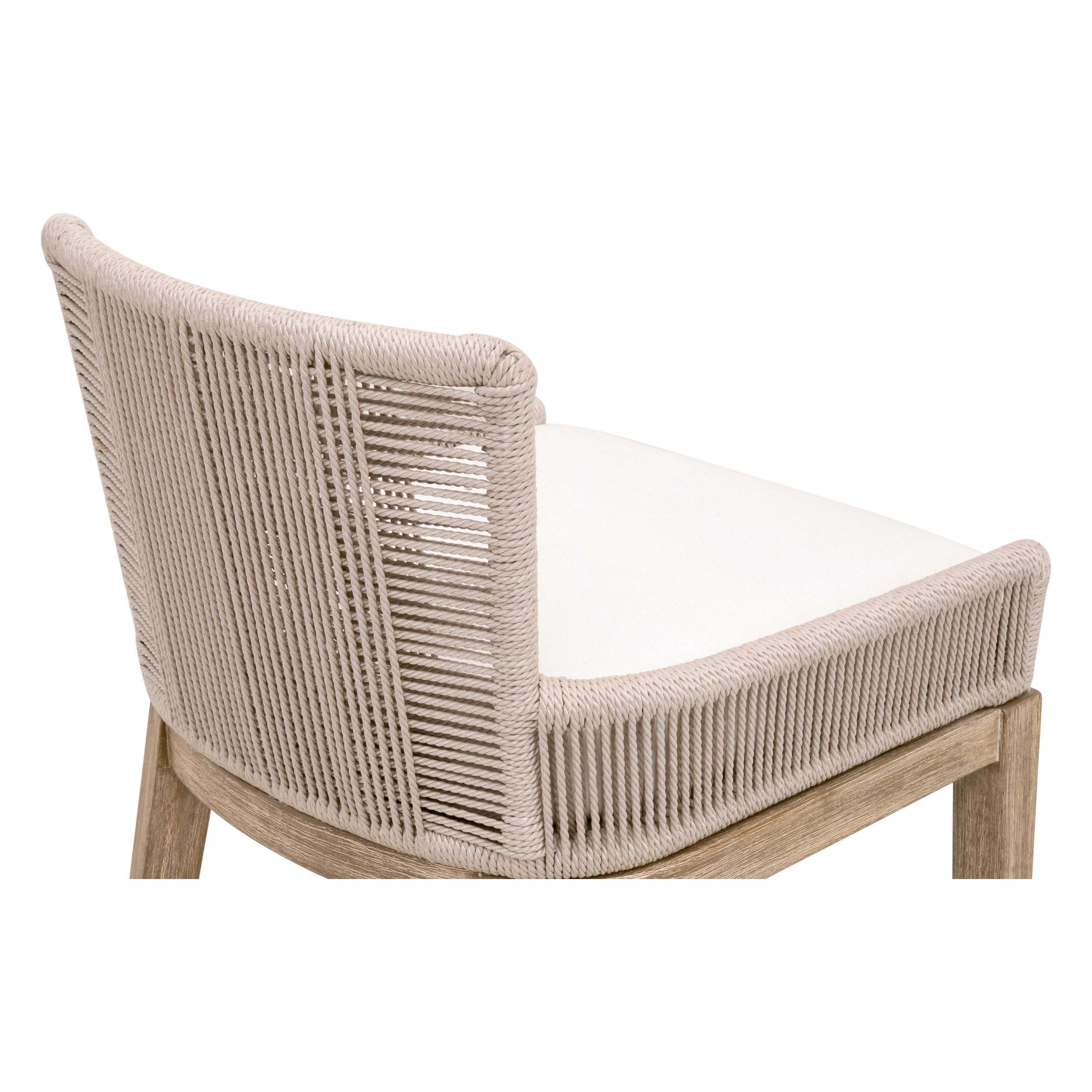 Tabouret de comptoir de transition en acajou et corde avec dossier tressé et coussin haute performance pour cuisine et salle à manger