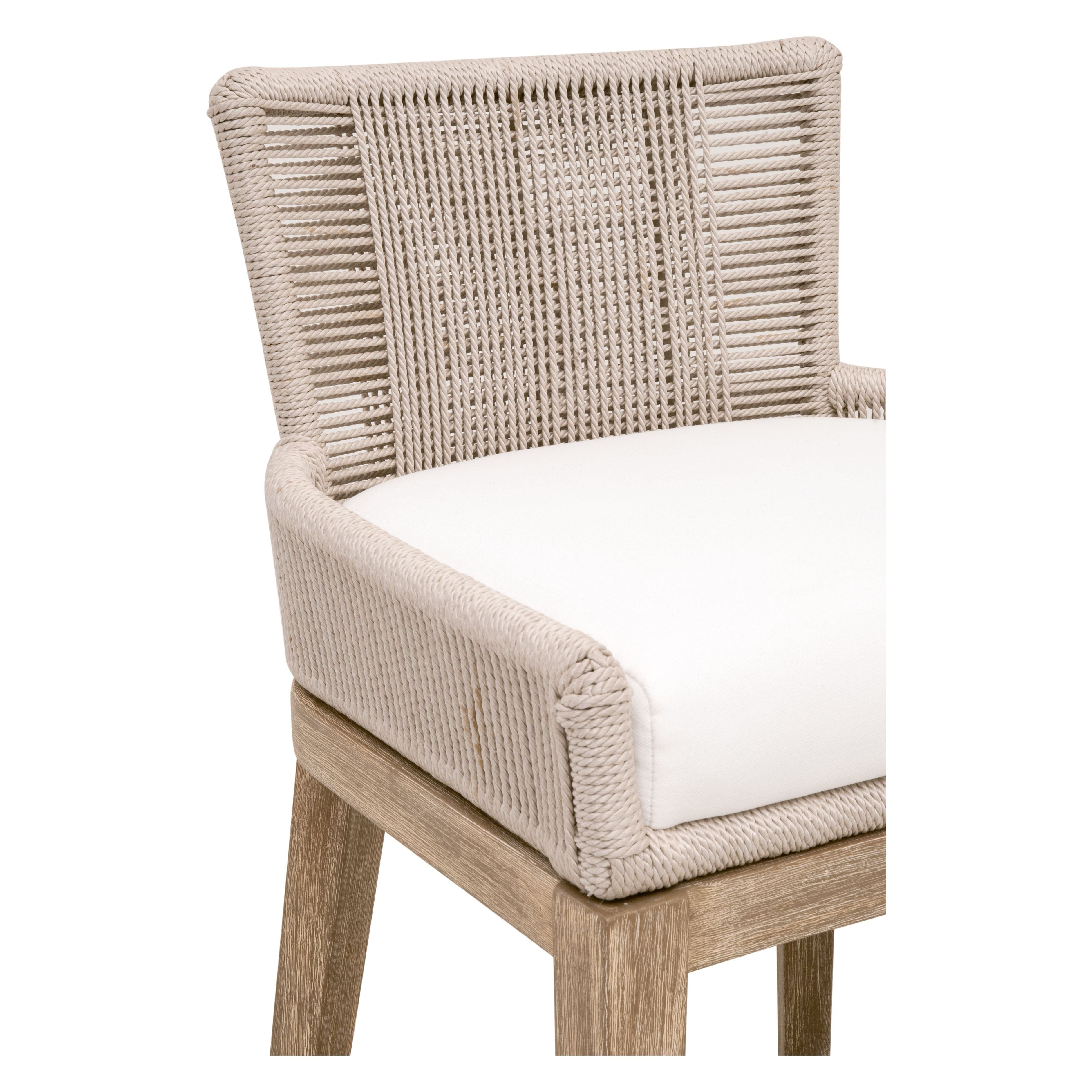 Tabouret de comptoir de transition en acajou et corde avec dossier tressé et coussin haute performance pour cuisine et salle à manger