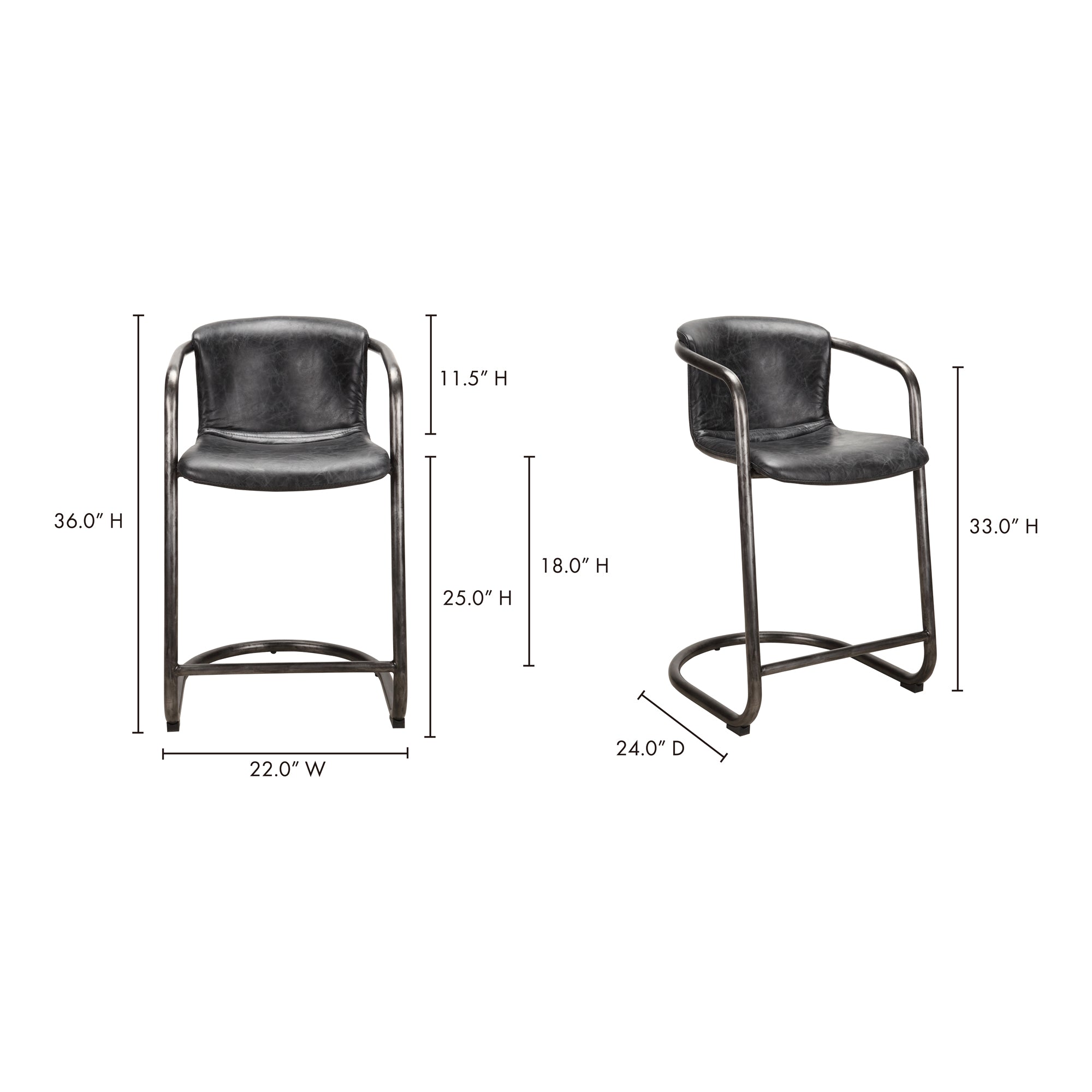 Lot de deux tabourets de bar industriels en cuir et fer forgé avec structure tubulaire pour cuisine et salle à manger