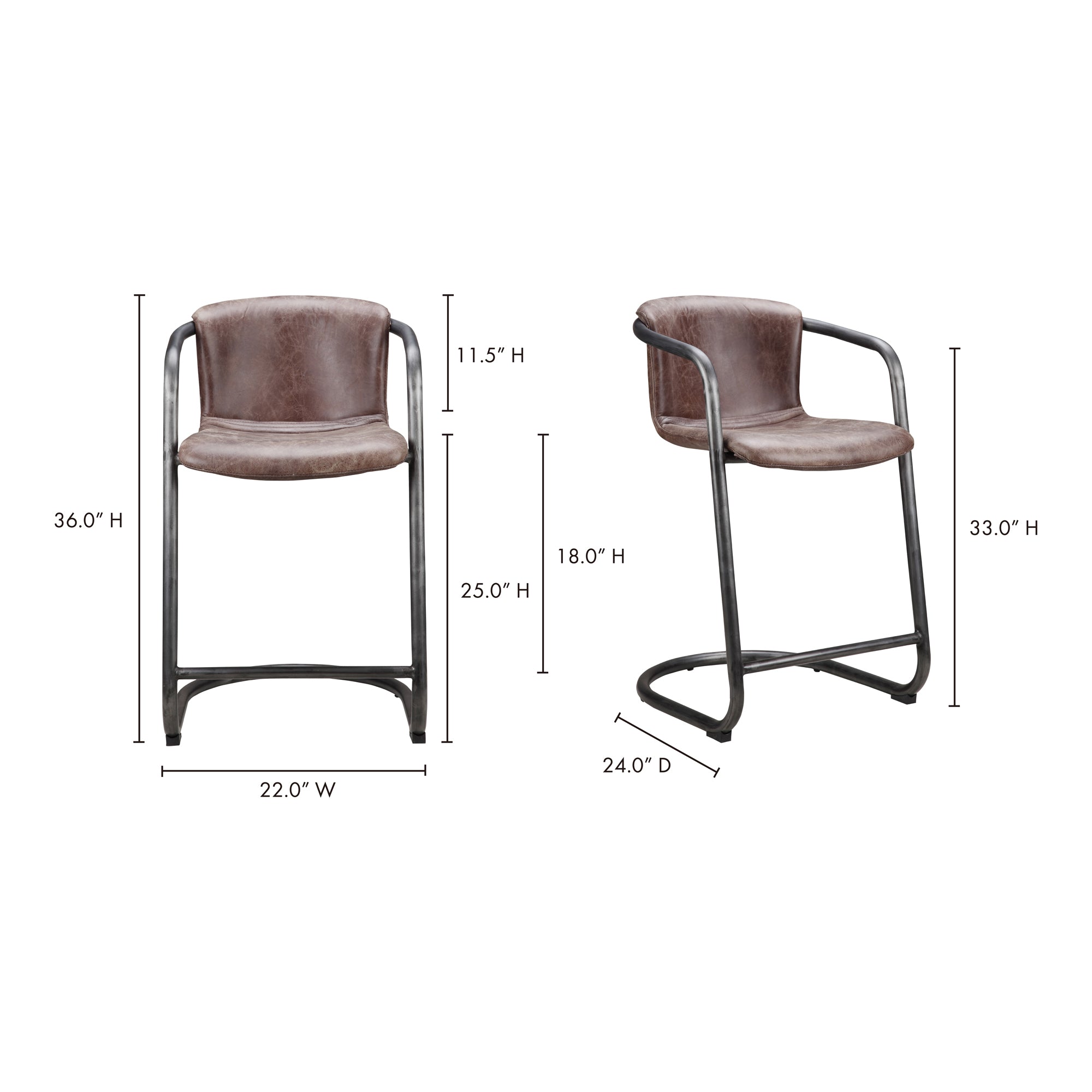 Lot de deux tabourets de bar industriels en cuir et fer forgé avec structure tubulaire pour cuisine et salle à manger