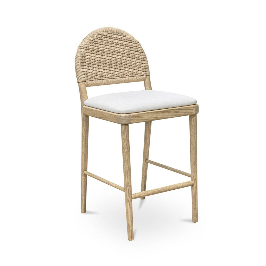 Tabouret de comptoir en chêne massif naturel et corde de papier, avec dossier arqué et assise coussinée, pour cuisine et salle à manger