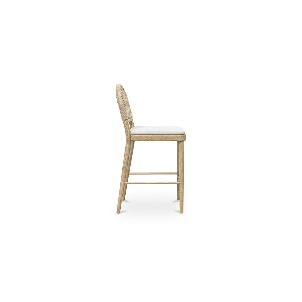 Tabouret de comptoir en chêne massif naturel et corde de papier, avec dossier arqué et assise coussinée, pour cuisine et salle à manger