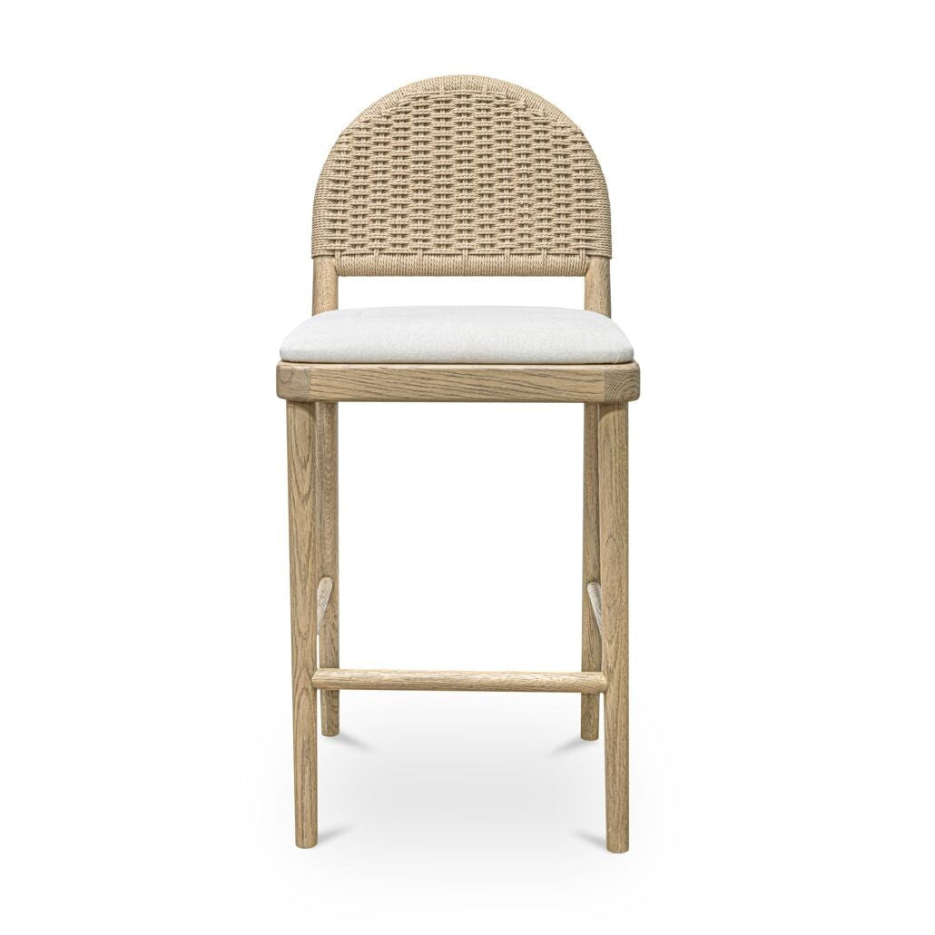 Tabouret de comptoir en chêne massif naturel et corde de papier, avec dossier arqué et assise coussinée, pour cuisine et salle à manger